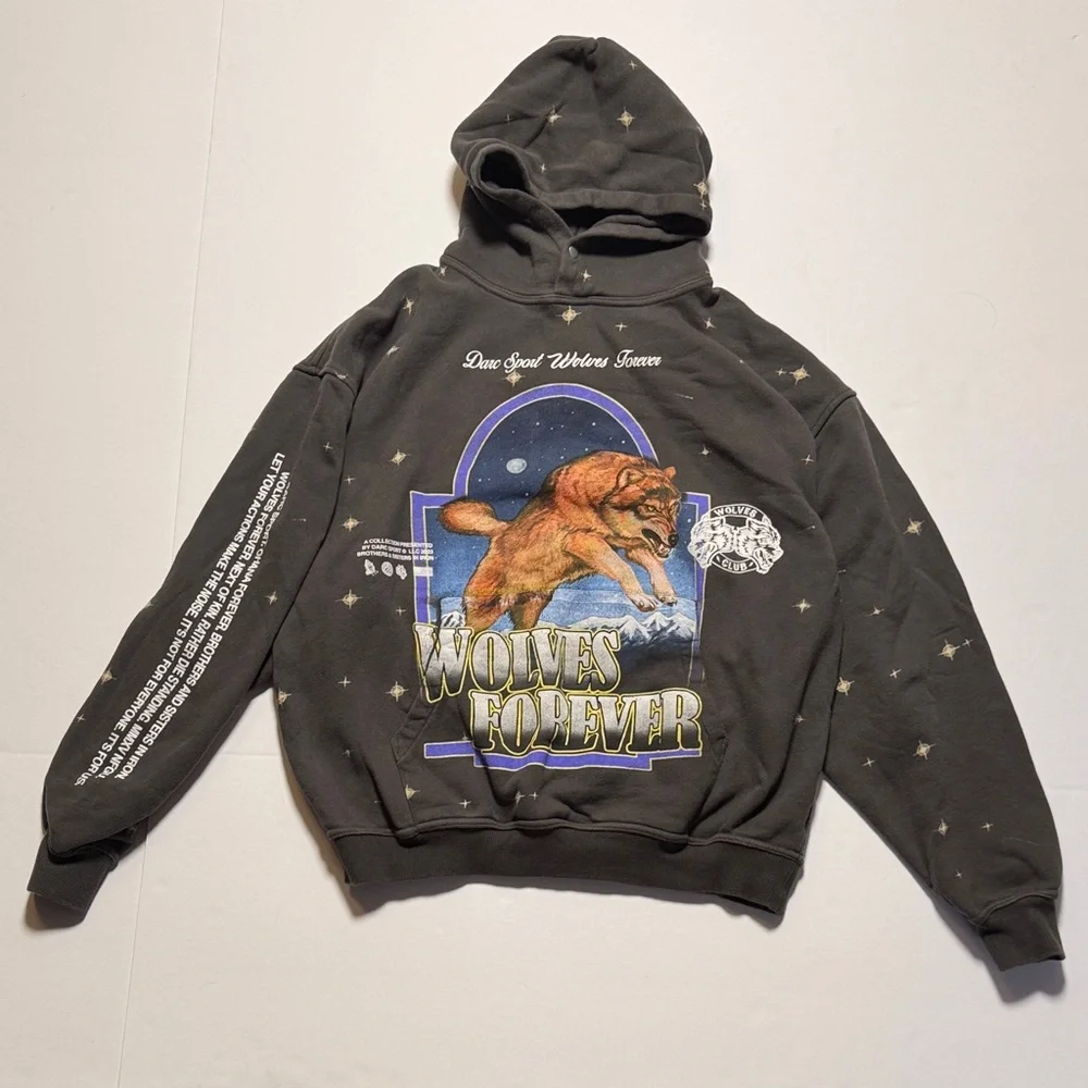 DARC SPORT Wolves Club Faded Black 'Wolves Forever' Graphic Hoodie Sweatshirt M - Picture 1 of 15